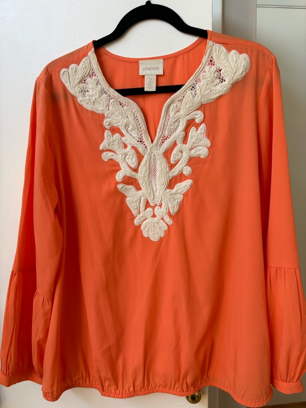 Chico's Coral Orange Tunic with Cream Embroidery